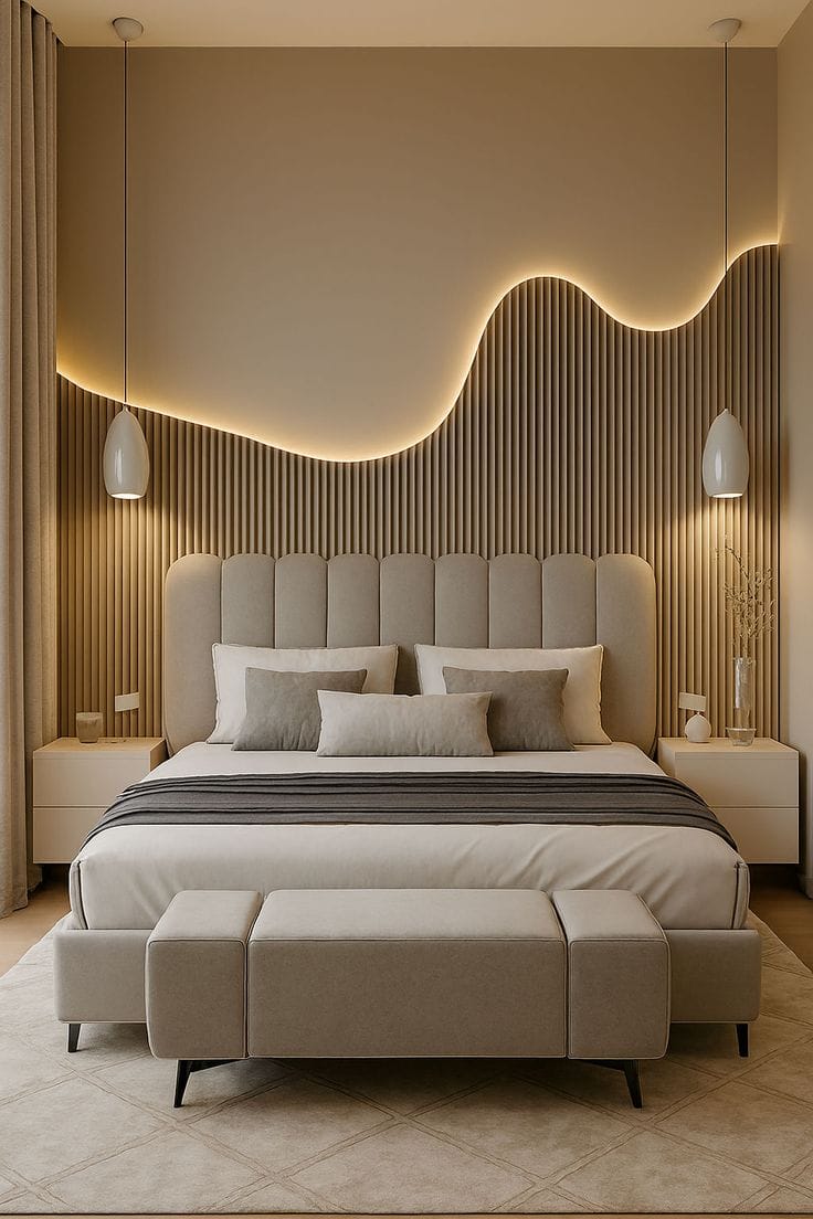 Organic Wave Fluted Headboard Wall with Ambient Backlighting